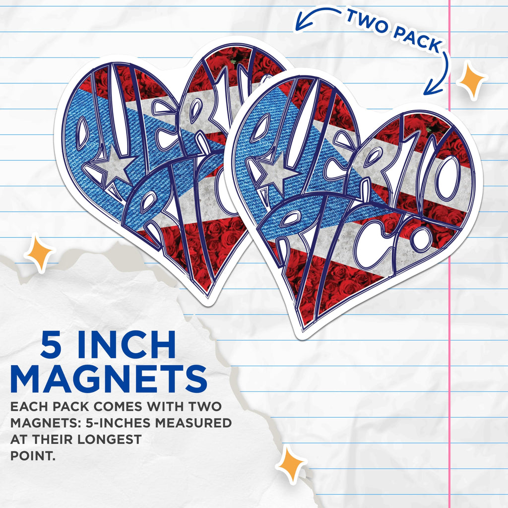(2 Pack) Puerto Rico Pride Magnets - Boricua Heart - Island Souvenir - 5" On Longest Side - Premium Magnet - for Cars, Refrigerators, Toolboxes, Lockers - Made in USA - MAG17352