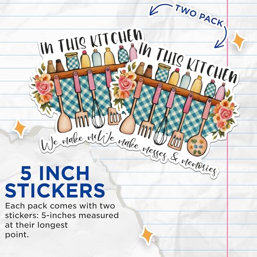 (2 Pack) Kitchen Stickers - We Make Messes and Memories Stickers - Cooking Utensils Stickers - 5" On Longest Side - Sticks to Any Smooth Flat Surface - Made in USA - BMCS2983