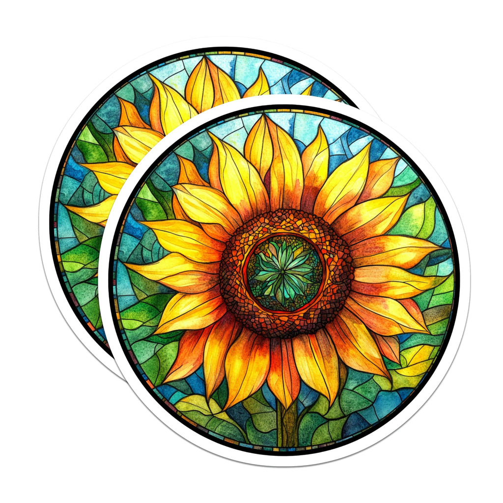 (2 Pack) Sunflower Stained Glass Magnets - Boho Floral Refrigerator Decor - Nature Inspired Art Mandala Accent - 5 Inches On Longest Side - Thick Durable Magnet - Made in USA - MAG28114