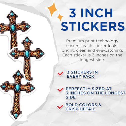 (3 Pack) Leopard Cross Decals - Turquoise Jewels - Religious Decor - 3 Inches On Longest Side - Easy Peel & Apply - Made in USA - 3MCS7494
