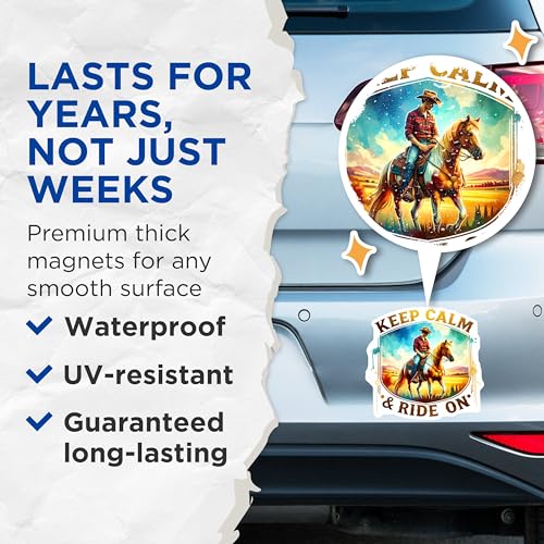 (2 Pack) Keep Calm and Ride On Magnets - Horse Rider Magnet - Western Decor - 5" On Longest Side - for Cars, Fridges, Toolboxes - Made in USA - MAG6783