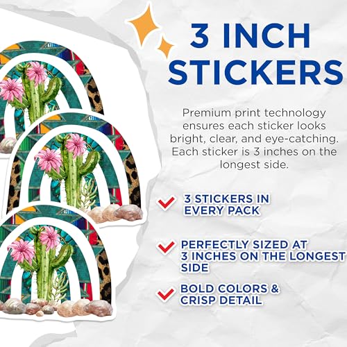 (3 Pack) Cactus Rainbow Decals - Boho Southwest Decals - Laptop Decal - 3 Inches On Longest Side - Easy Peel & Apply - Made in USA - 3MCS4790