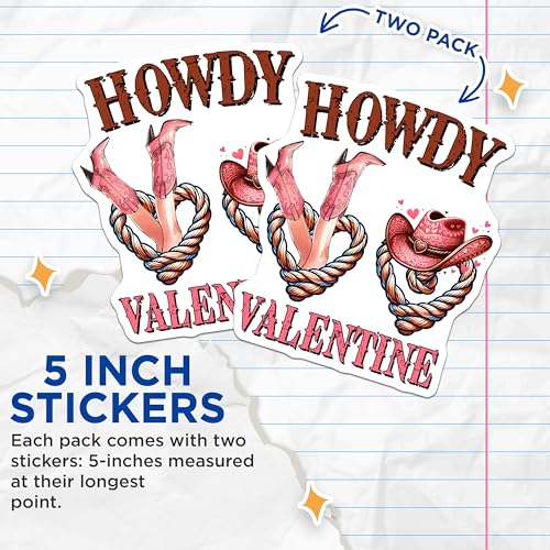 (2 Pack) Howdy Valentine Stickers - Western Valentine Stickers - Love Themed Cowboy Stickers - 5" On Longest Side - Sticks to Any Smooth Flat Surface - Made in USA - BMCS3135