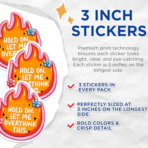 (3 Pack) Hold On Let Me Overthink Decals - Overthinking Meme Stickers - Floral Laptop Decals - 3 Inches On Longest Side - Easy Peel & Apply - Made in USA - 3MCS6267