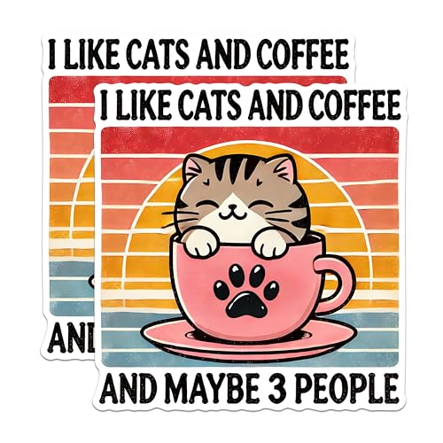 (2 Pack) Cat Coffee Stickers - Funny Cat Stickers - Cute Cat Lover Gift - 5" On Longest Side - Sticks to Any Smooth Flat Surface - Made in USA - BMCS2792
