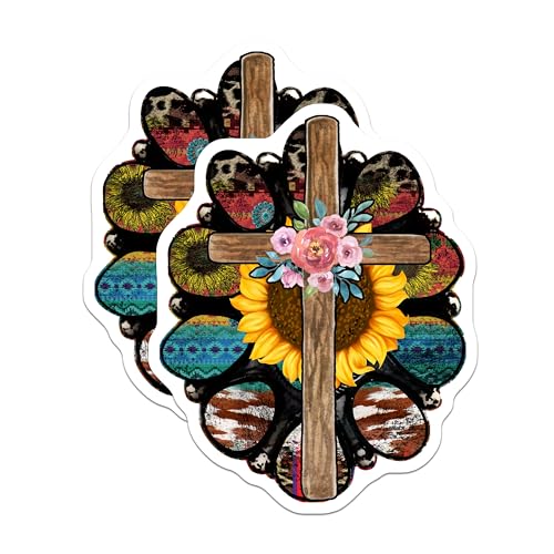 (2 Pack) Sunflower Cross Stickers - Floral Christian Stickers - Religious Car Decals - 5" On Longest Side - Sticks to Smooth Flat Surfaces - Made in USA - BMCS6025