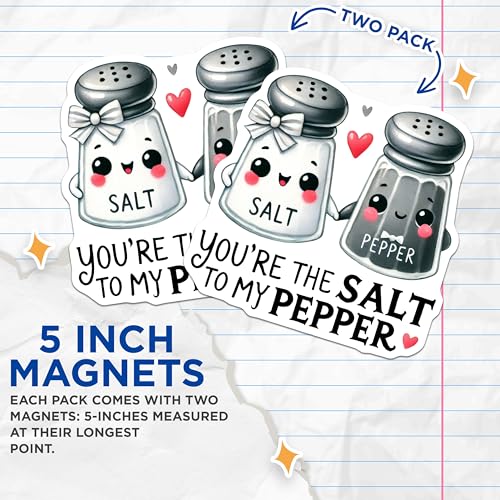 (2 Pack) Salt and Pepper Couple Magnets - Funny Kitchen Magnets - Cute Salt and Pepper Shakers - 5" On Longest Side - for Cars, Refrigerators, Toolboxes, Lockers - Made in USA MAG3559