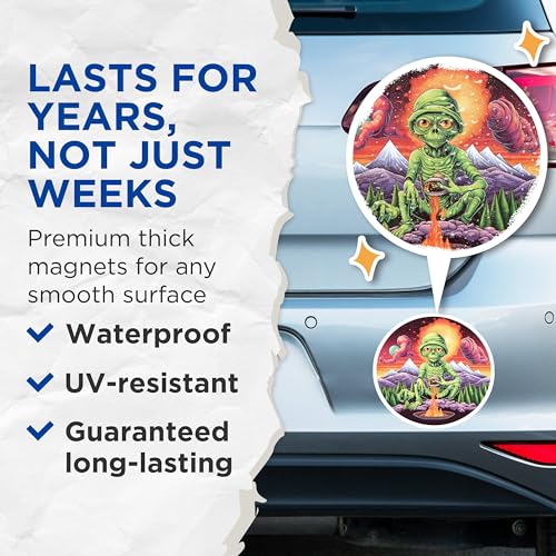 (2 Pack) Alien Adventure Magnets - Sci-Fi Art - Outer Space - 5" On Longest Side - for Cars, Fridges, Toolboxes - Made in USA - MAG4068