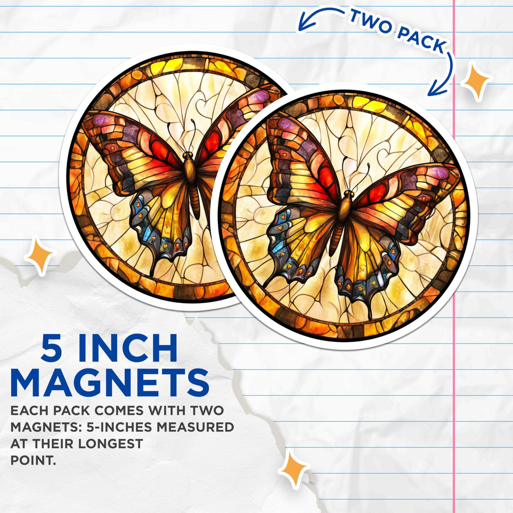 (2 Pack) Stained Glass Butterfly Magnets - Vibrant Nature Art - Boho Kitchen Decor - 5 Inches On Longest Side - Thick Durable Magnet - Made in USA - MAG25336