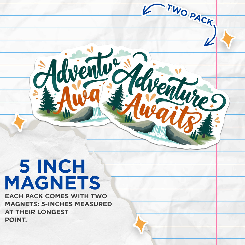(2 Pack) Adventure Awaits Magnets - Nature Outdoorsy - Wanderlust Travel Decor - 5 Inches On Longest Side - Thick Durable Magnet - Made in USA - MAG37240