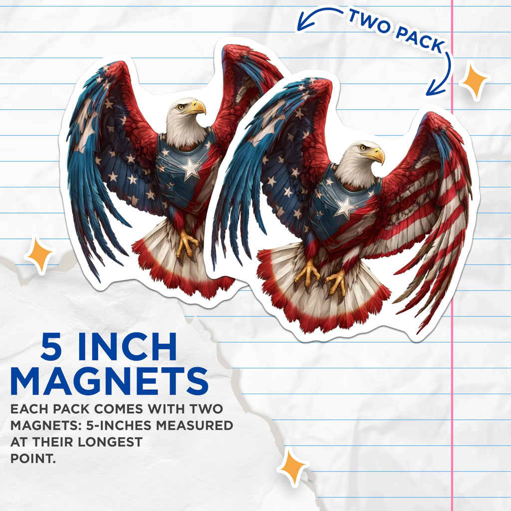 (2 Pack) American Flag Bald Eagle Magnets - Patriotic Freedom Symbol - USA Stars Stripes Art - 5 Inches On Longest Side - Thick Durable Magnet - Made in USA - MAG20727