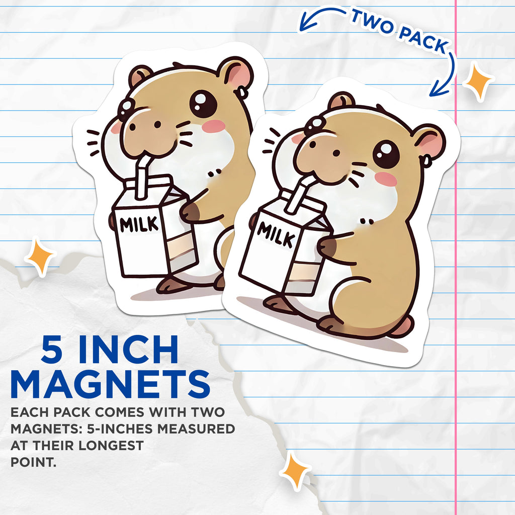 (2 Pack) Cute Hamster Milk Magnets - Kawaii Animal Fridge Decor - Adorable Rodent Locker Accessories - 5 Inches On Longest Side - Thick Durable Magnet - Made in USA - MAG39144