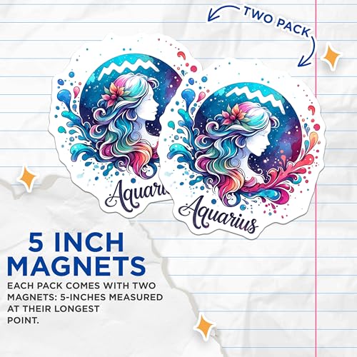 (2 Pack) Aquarius Zodiac Magnets - Astrology Art - Zodiac Sign Decor for Refrigerator Locker Office - 5" On Longest Side - for Cars, Fridges, Toolboxes - Made in USA - MAG6945