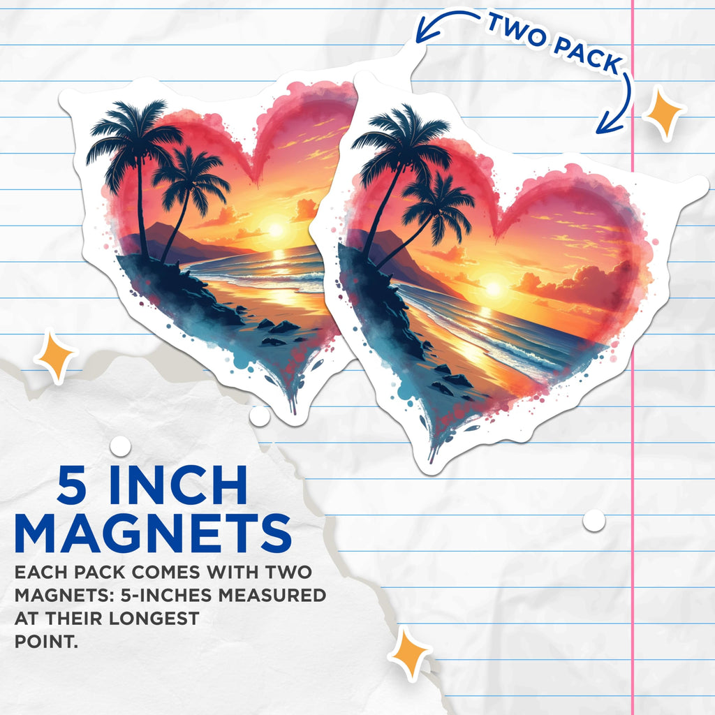 (2 Pack) Heart Beach Magnets - Sunset Palm Tree Ocean Decor - Tropical Vacation Refrigerator Art - 5 Inches On Longest Side - Thick Durable Magnet - Made in USA - MAG27719
