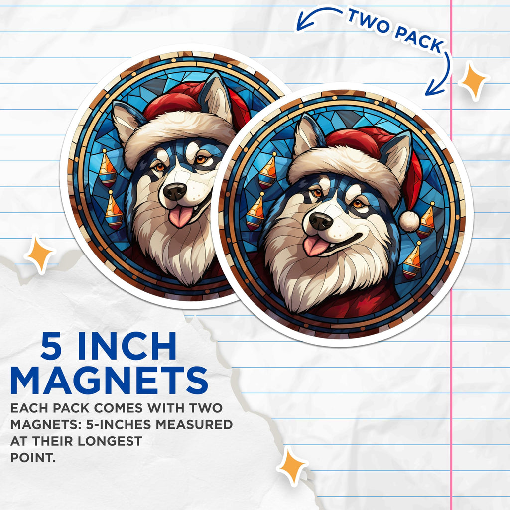 (2 Pack) Husky Magnets - Stained Glass Christmas Dog - Winter Holiday Decor - 5 Inches On Longest Side - Thick Durable Magnet - Made in USA - MAG23816