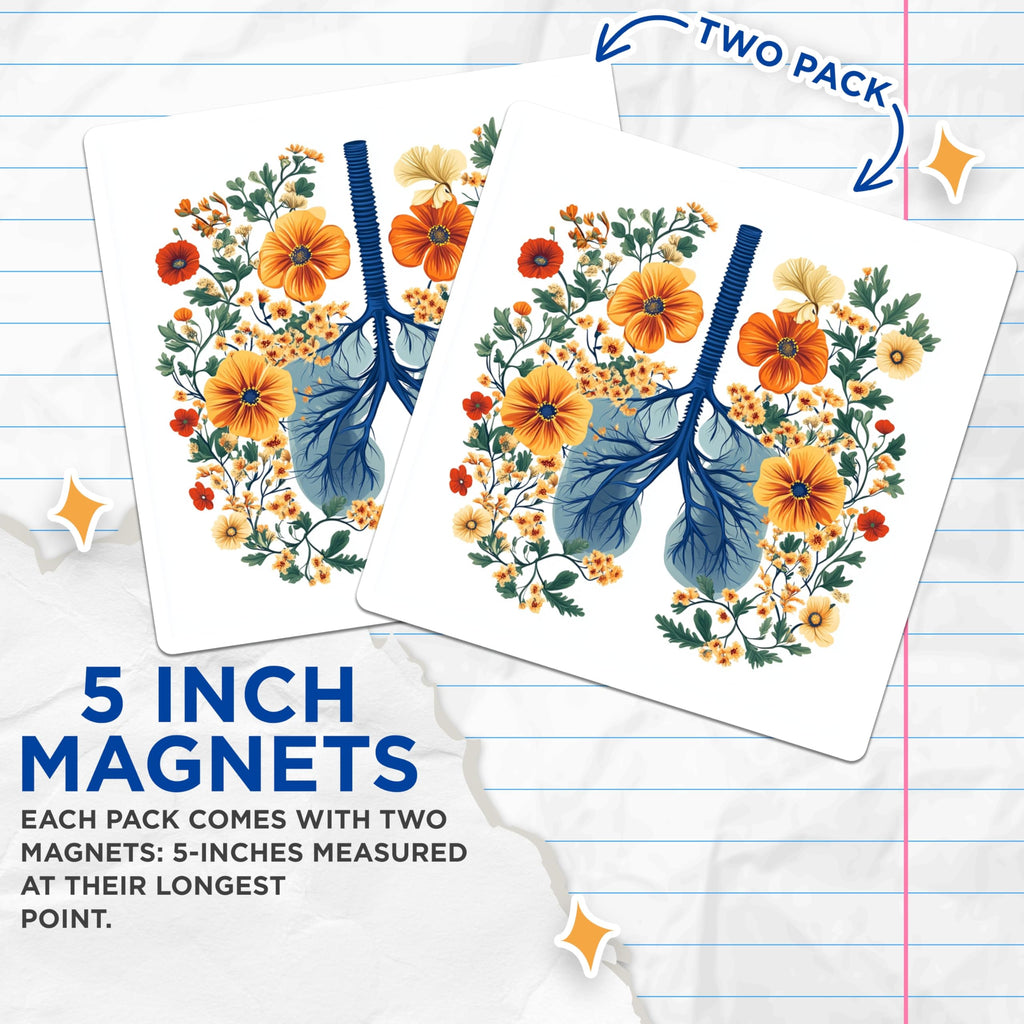 (2 Pack) Floral Lungs Magnets - Botanical Human Anatomy Art - Respiratory System Health Decor - Blooming Organ Illustration - 5 Inches On Longest Side - Thick Durable Magnet - Made in USA - MAG24366