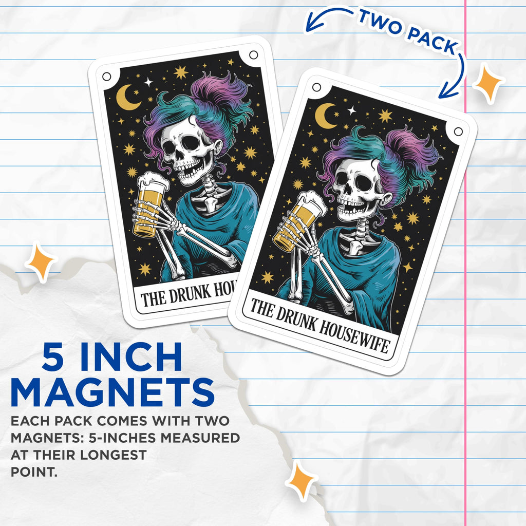 (2 Pack) Drunk Housewife Magnets - Skeleton Beer Lover Art - Funny Quirky Decor - Celestial Skull Magnet - 5 Inches On Longest Side - Thick Durable Magnet - Made in USA - MAG21006