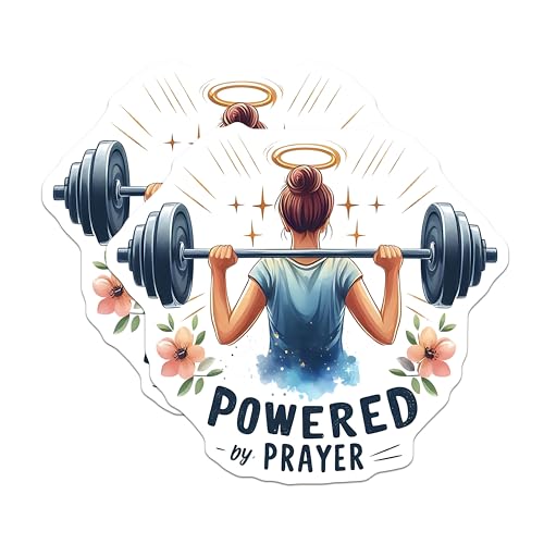 (2 Pack) Powered by Prayer Stickers - Fitness Motivation Decals - Inspirational Weightlifting Design - 5" On Longest Side - Sticks to Smooth Flat Surfaces - Made in USA - BMCS9644