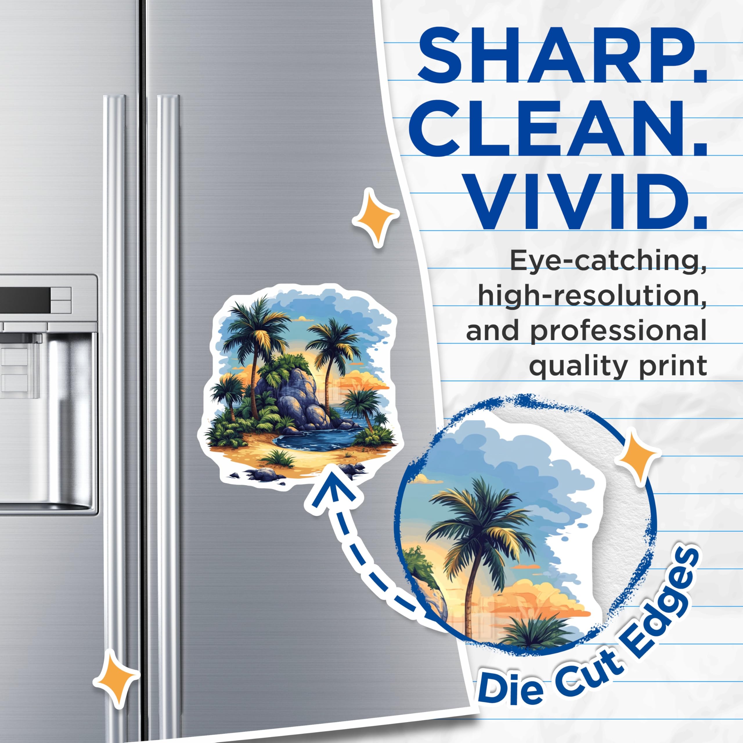 (2 Pack) Tropical Island Magnets - Palm Tree Beach Scene - Sunset Ocean View Decor - 5 Inches On Longest Side - Thick Durable Magnet - Made in USA - MAG24569