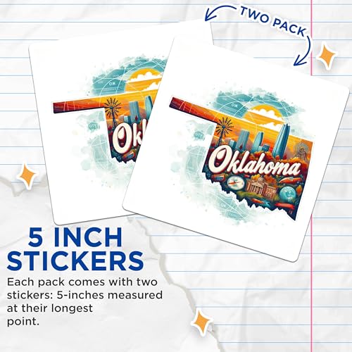 (2 Pack) Oklahoma Travel Stickers - State Souvenir - Vintage Oklahoma Cityscape - 5" On Longest Side - Sticks to Smooth Flat Surfaces - Made in USA - BMCS5238