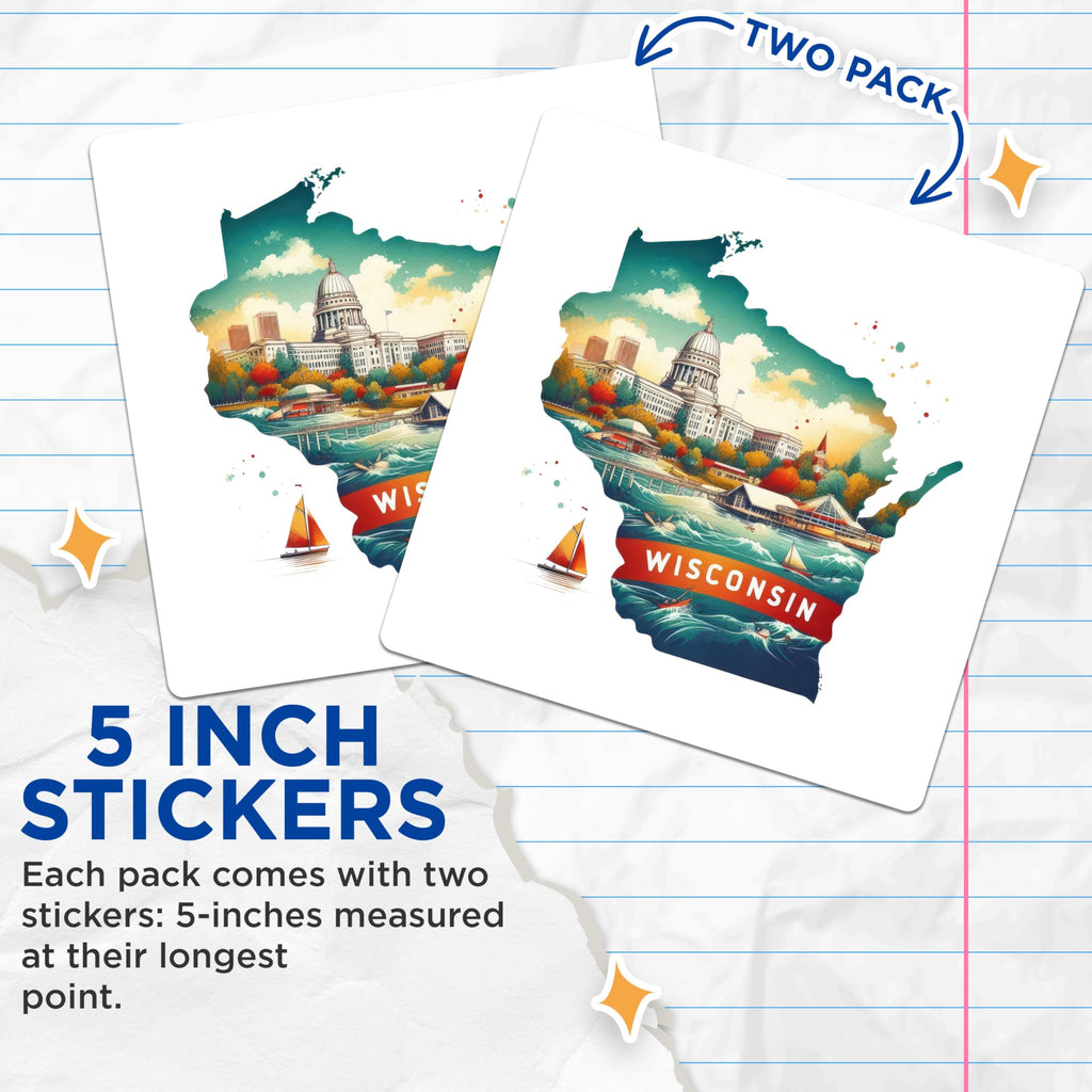 (2 Pack) Wisconsin State Map Stickers - City Landscape - Wisconsin Capitol Building Art - 5" On Longest Side - Sticks to Smooth Flat Surfaces - Made in USA - BMCS5564