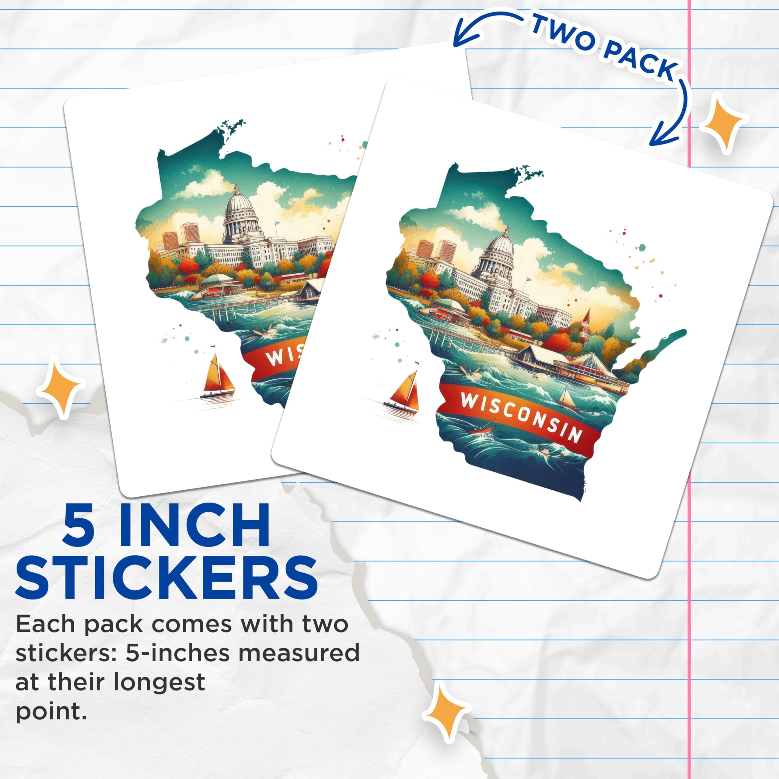 (2 Pack) Wisconsin State Map Stickers - City Landscape - Wisconsin Capitol Building Art - 5" On Longest Side - Sticks to Smooth Flat Surfaces - Made in USA - BMCS5564
