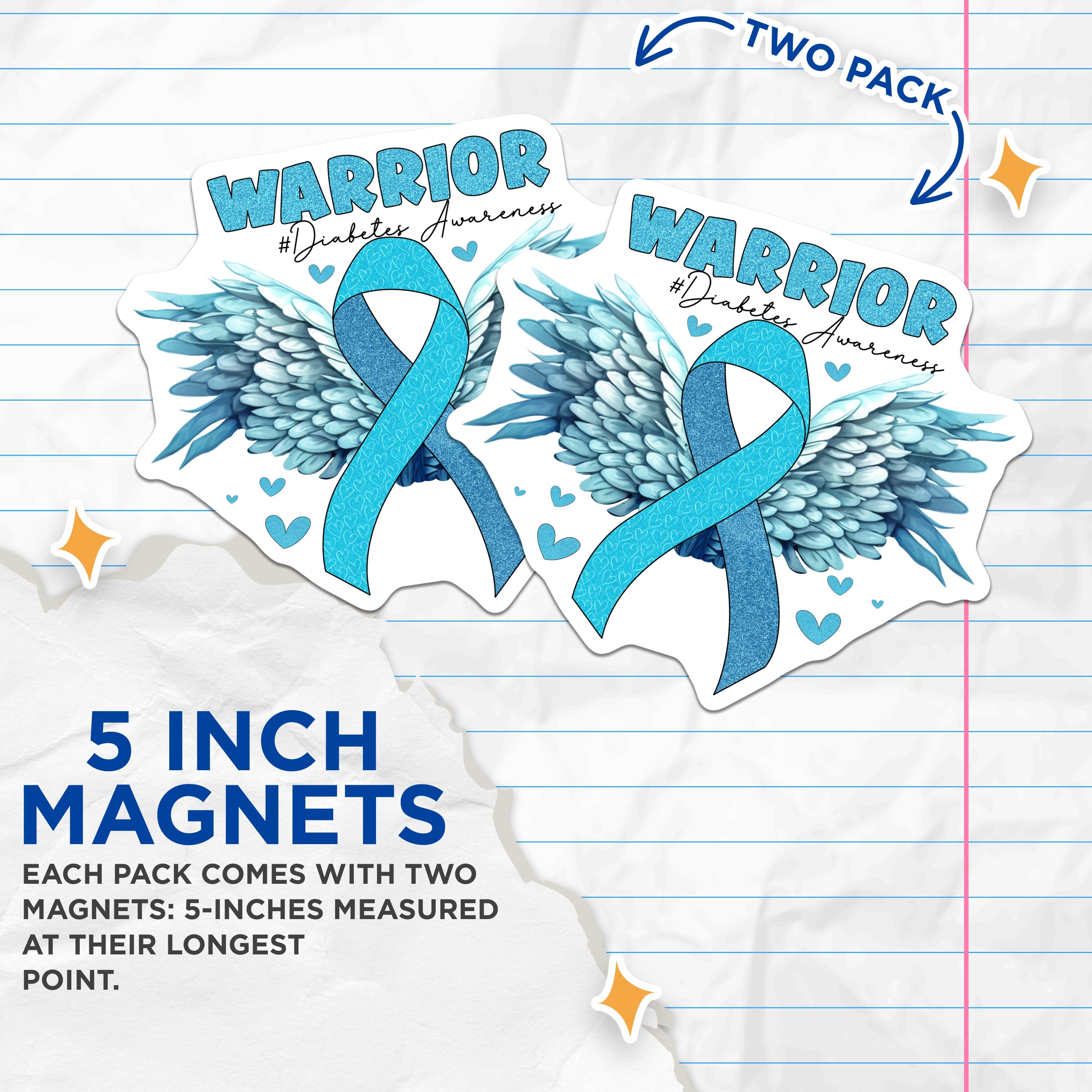 (2 Pack) Diabetes Awareness Magnets - Warrior Blue Ribbon Support - Chronic Illness Refrigerator Decor - 5 Inches On Longest Side - Thick Durable Magnet - Made in USA - MAG37184