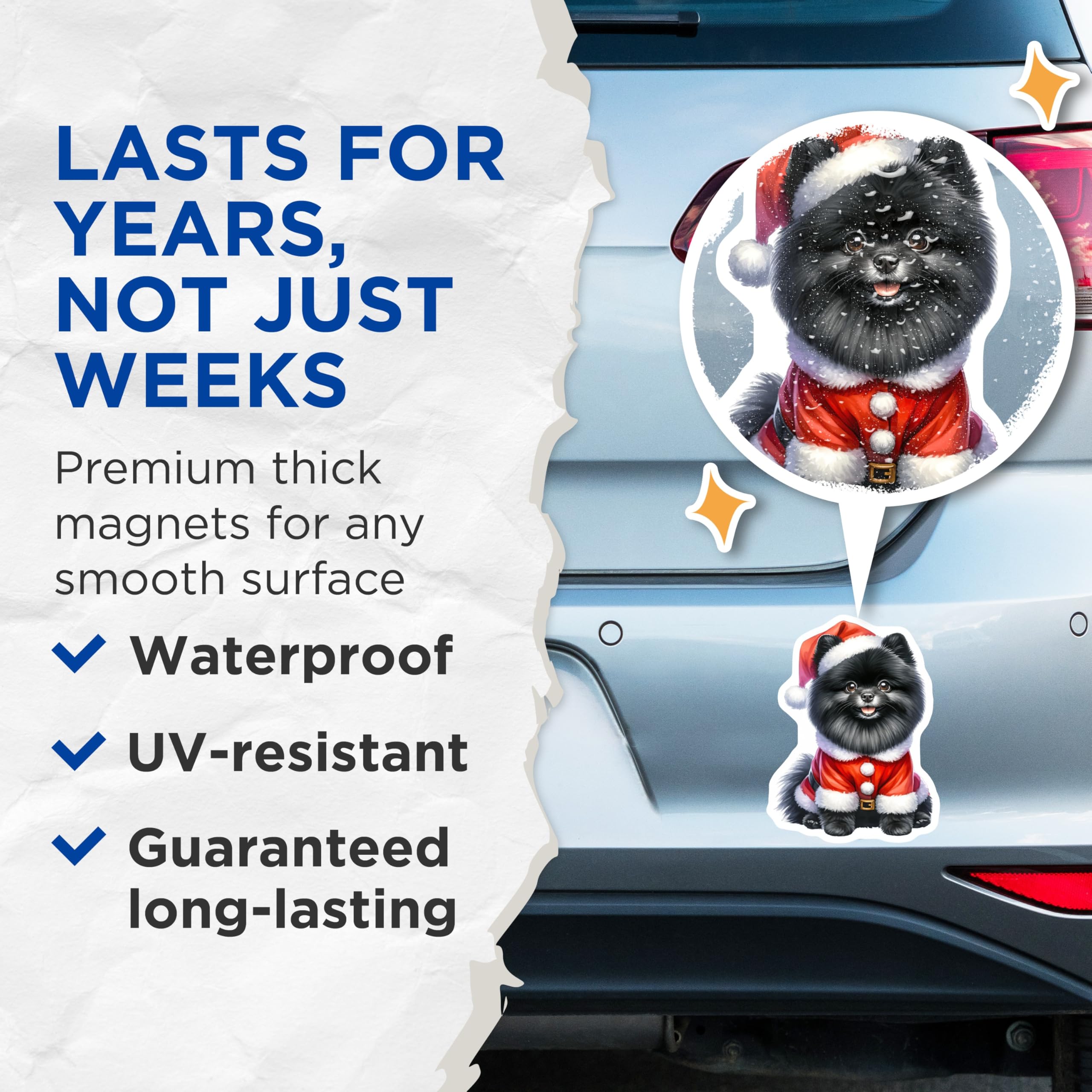 (2 Pack) Black Pomeranian Christmas Magnets - Santa Dog Holiday - Pet Lover Refrigerator Decor - 5 Inches On Longest Side - Thick Durable Magnet - Made in USA - MAG27915
