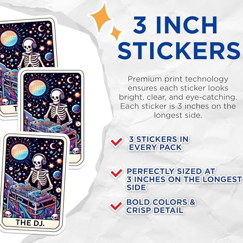 (3 Pack) Skeleton DJ Decals - Laptop Decal - Music Lover Decal - 3 Inches On Longest Side - Easy Peel & Apply - Made in USA - 3MCS4153
