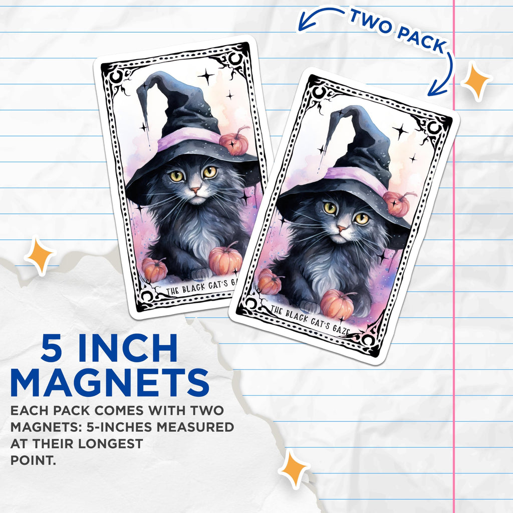 (2 Pack) Black Cat with Witch Hat Magnets - Halloween Cat Artwork Magnets - Spooky Cat Decor Magnets - 5" On Longest Side - for Cars, Refrigerators, Toolboxes, Lockers - Made in USA MAG3587