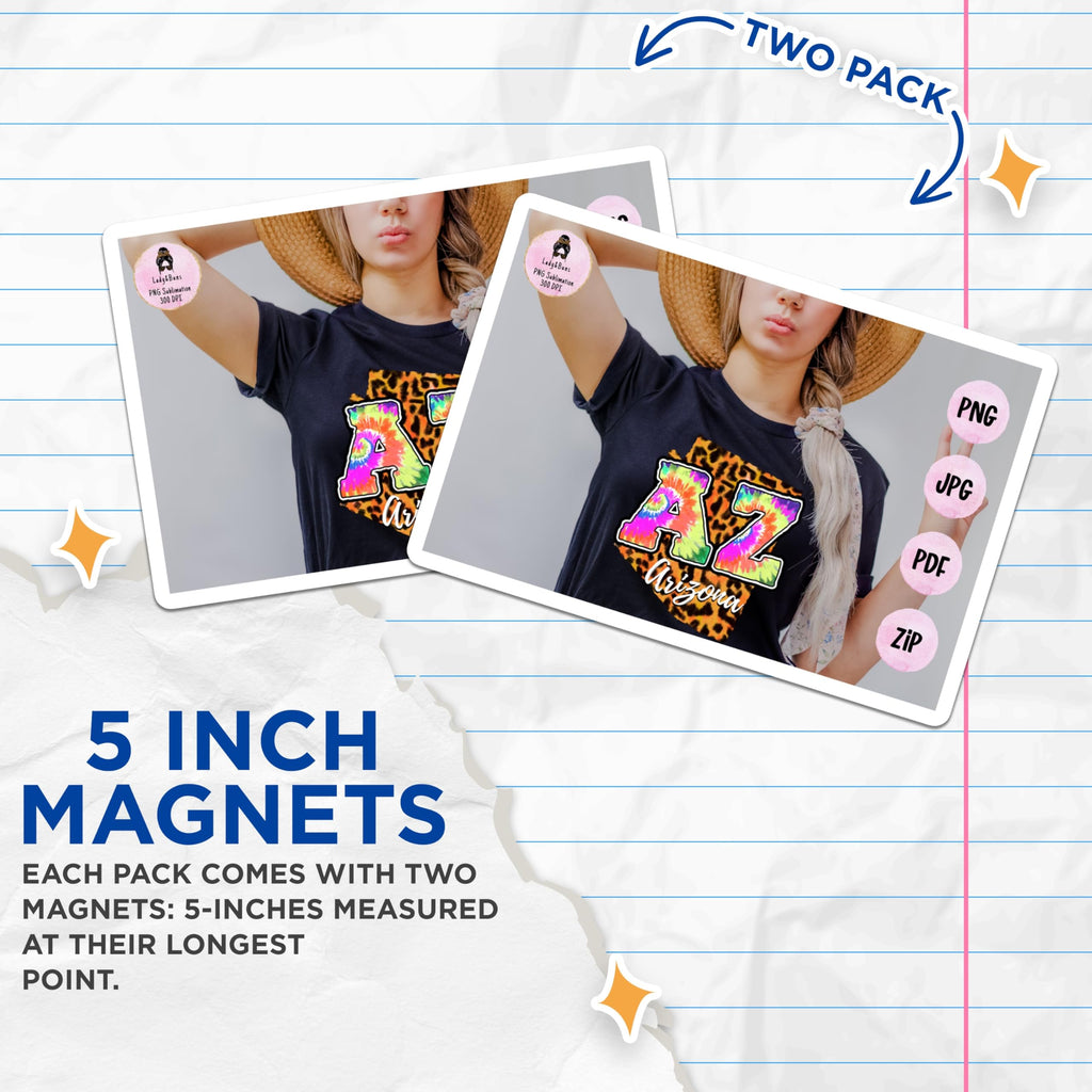 (2 Pack) Arizona State Magnets - Tie Dye Design - Leopard Print Accent - 5" On Longest Side - Premium Magnet - for Cars, Refrigerators, Toolboxes, Lockers - Made in USA - MAG17590