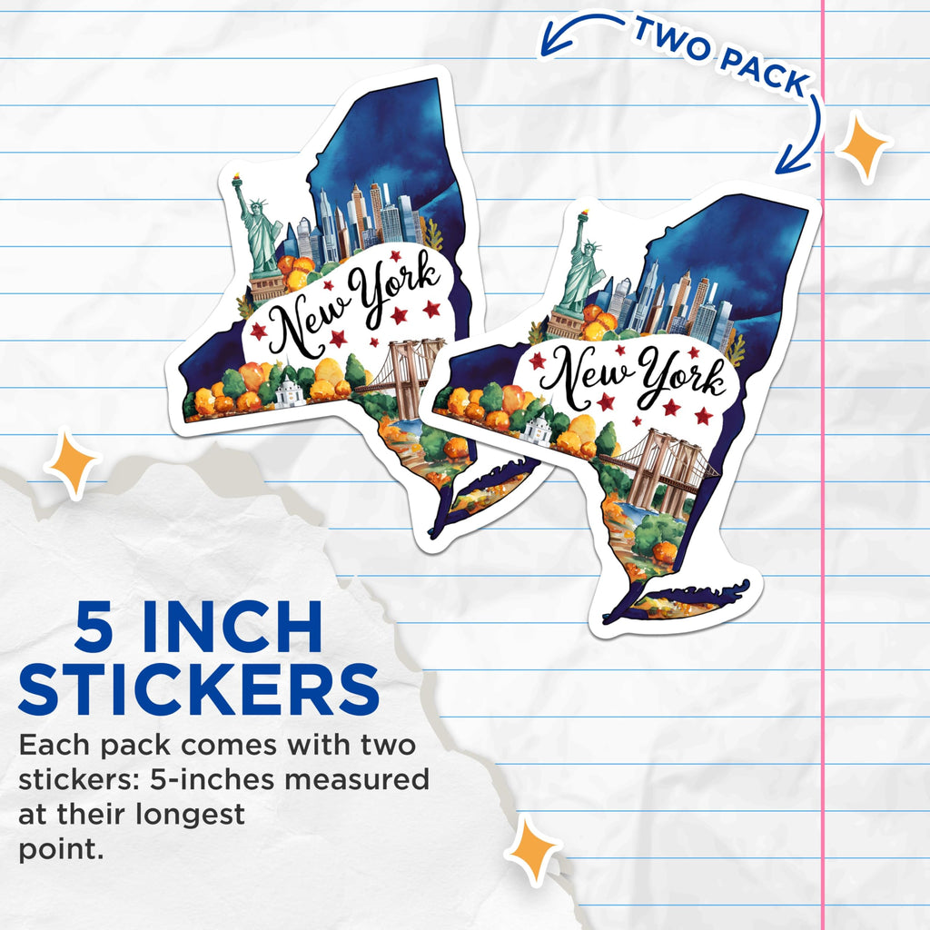 (2 Pack) New York City Landmarks Stickers - Statue of Liberty - NYC Skyline Decal - 5" On Longest Side - Sticks to Smooth Flat Surfaces - Made in USA - BMCS6301