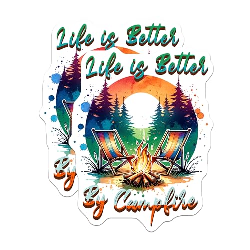 (2 Pack) Life is Better by Campfire Stickers - Camping Sticker - Outdoor Adventure Sticker - Nature Lover Sticker - 5" On Longest Side - Sticks to Smooth Flat Surfaces - Made in USA - BMCS6820
