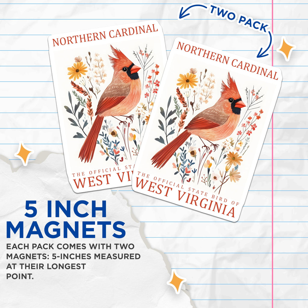 (2 Pack) Northern Cardinal Magnets - West Virginia State Bird Decor - Fridge Accessories - 5" On Longest Side - Premium Magnet - for Cars, Refrigerators, Toolboxes, Lockers - Made in USA - MAG17502