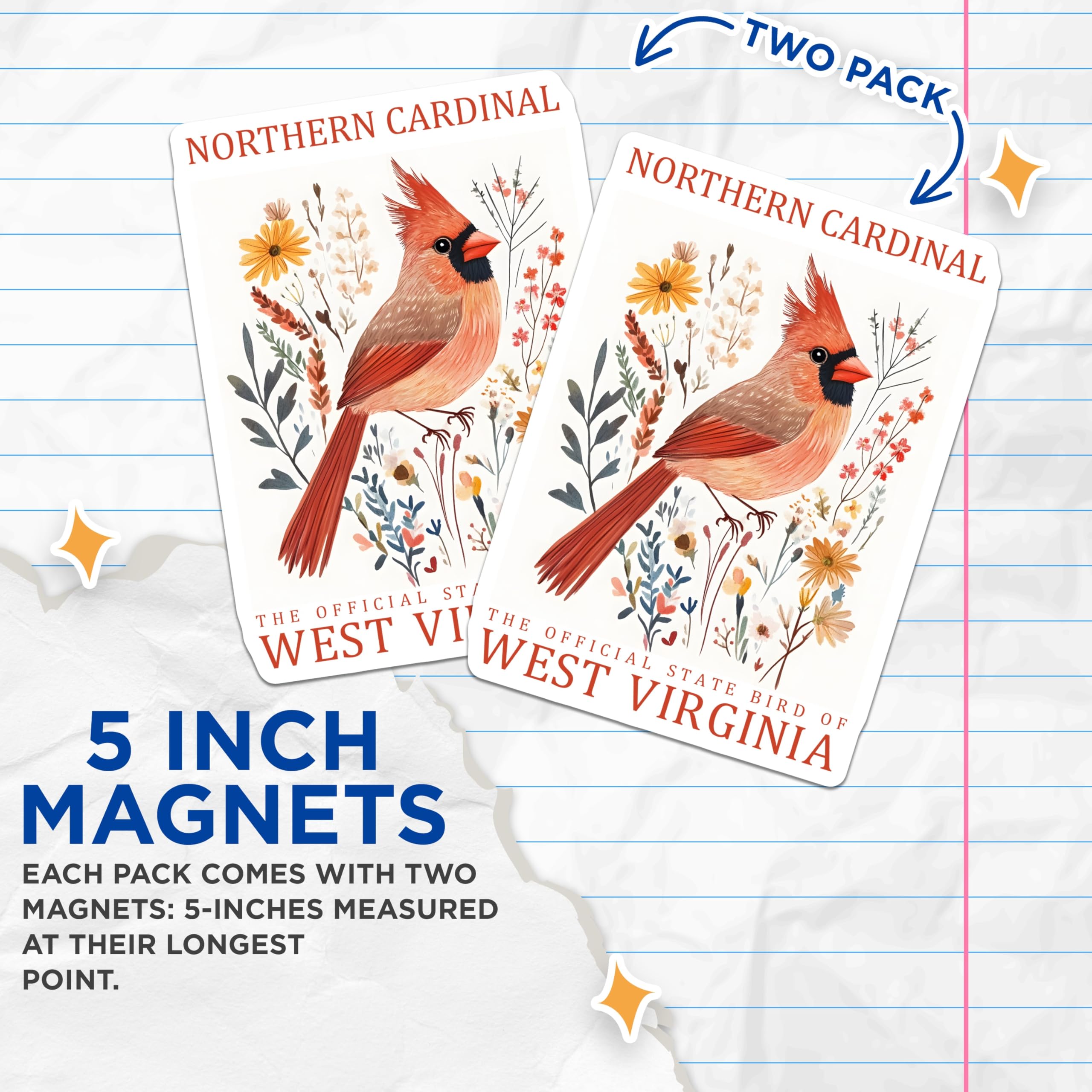 (2 Pack) Northern Cardinal Magnets - West Virginia State Bird Decor - Fridge Accessories - 5" On Longest Side - Premium Magnet - for Cars, Refrigerators, Toolboxes, Lockers - Made in USA - MAG17502