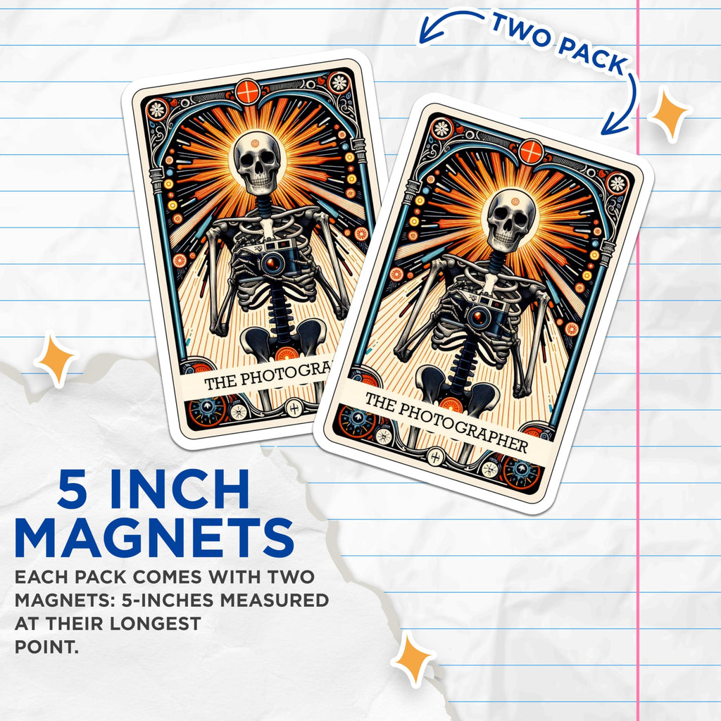 (2 Pack) Photographer Skeleton Magnets - Mystic Radiant Skull Camera Art - Artistic Photography Enthusiast Decor - 5 Inches On Longest Side - Thick Durable Magnet - Made in USA - MAG20975