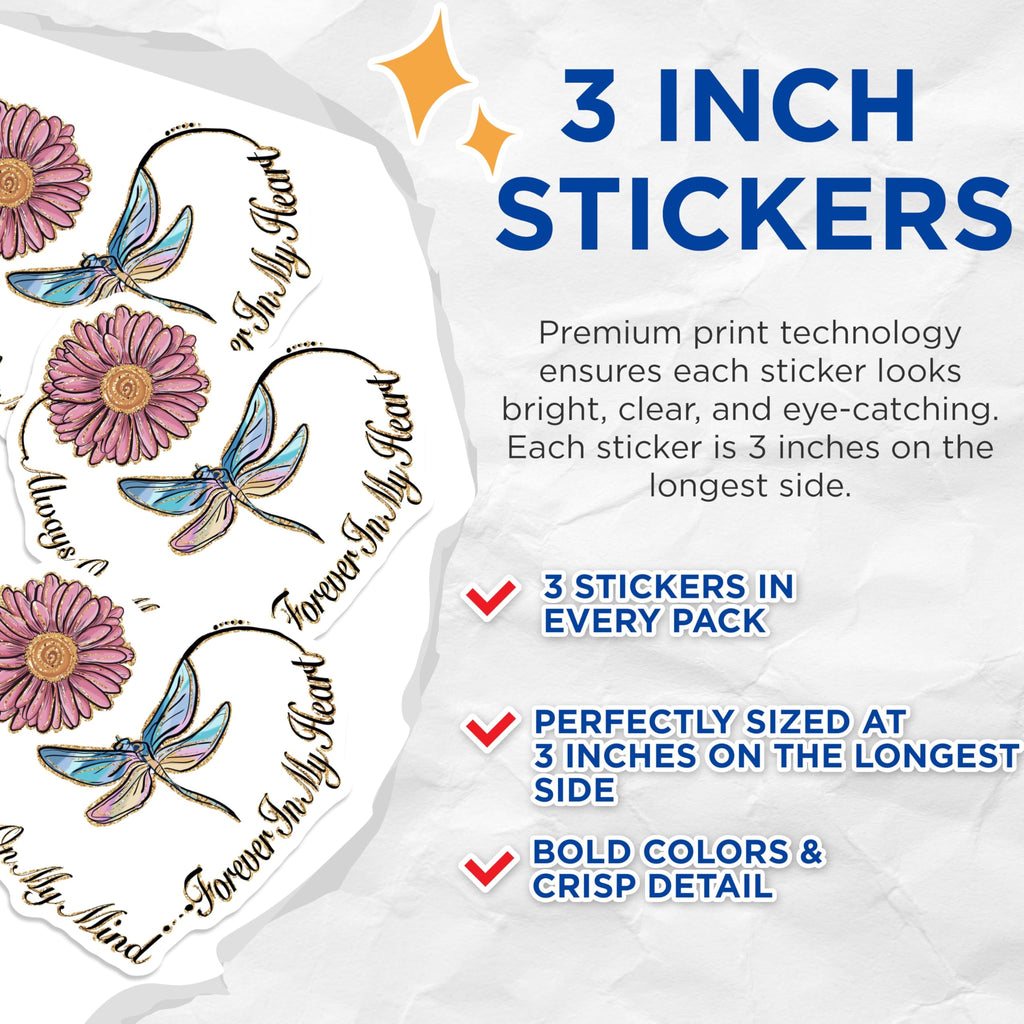 (3 Pack) Flower Dragonfly Decals - Heart Shaped Saying - Laptop Decal - 3 Inches On Longest Side - Easy Peel & Apply - Made in USA - 3MCS2961