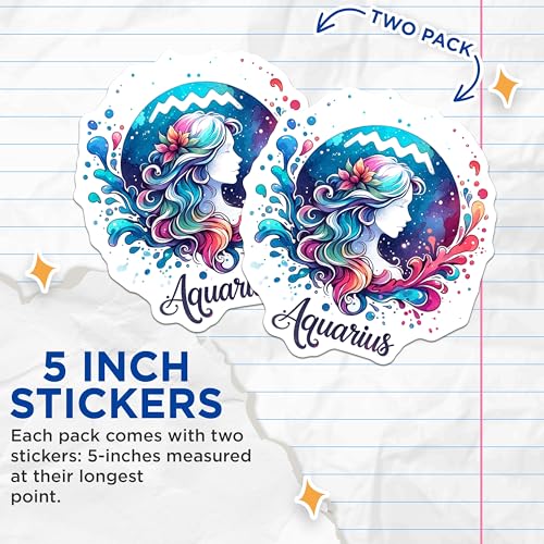 (2 Pack) Aquarius Zodiac Stickers - Colorful Watercolor Art - Astrology Horoscope Decal - 5" On Longest Side - Sticks to Smooth Flat Surfaces - Made in USA - BMCS6945