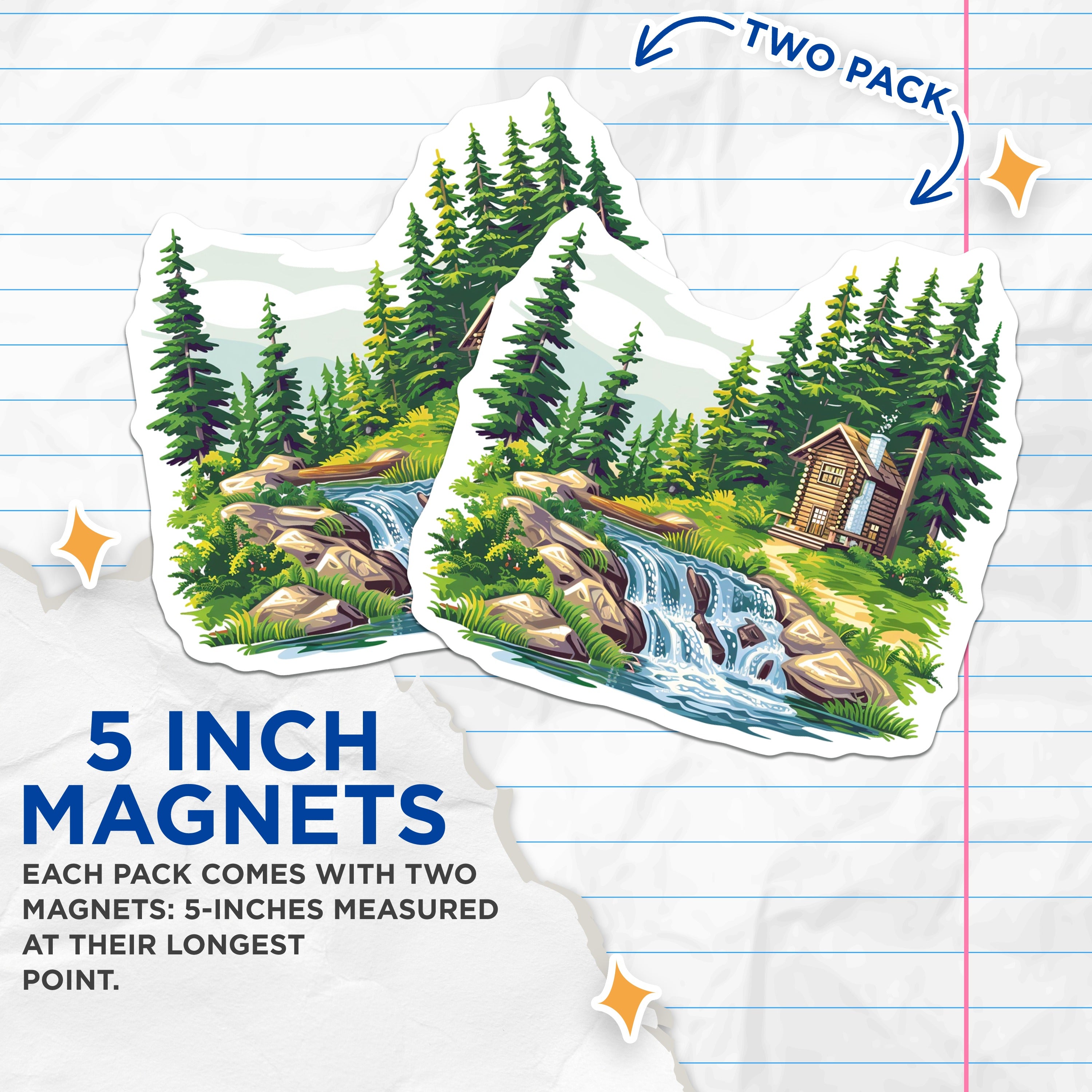 (2 Pack) Rustic Cabin Waterfall Magnets - Forest Landscape Decor - Nature Scene Art - 5 Inches On Longest Side - Thick Durable Magnet - Made in USA - MAG37885