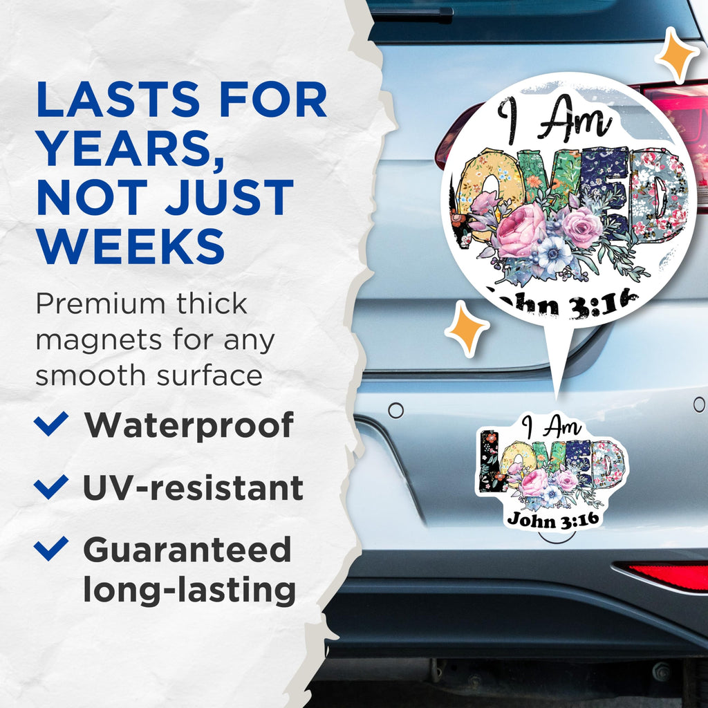 (2 Pack) I Am Loved John 3:16 Magnets - Christian Faith Decor - Inspirational Floral Scripture - 5 Inches On Longest Side - Thick Durable Magnet - Made in USA - MAG30078