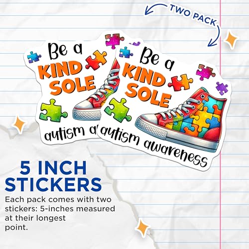 (2 Pack) Autism Awareness Stickers - Puzzle Piece Stickers - Kind Sole Stickers - 5" On Longest Side - Sticks to Any Smooth Flat Surface - Made in USA - BMCS3200