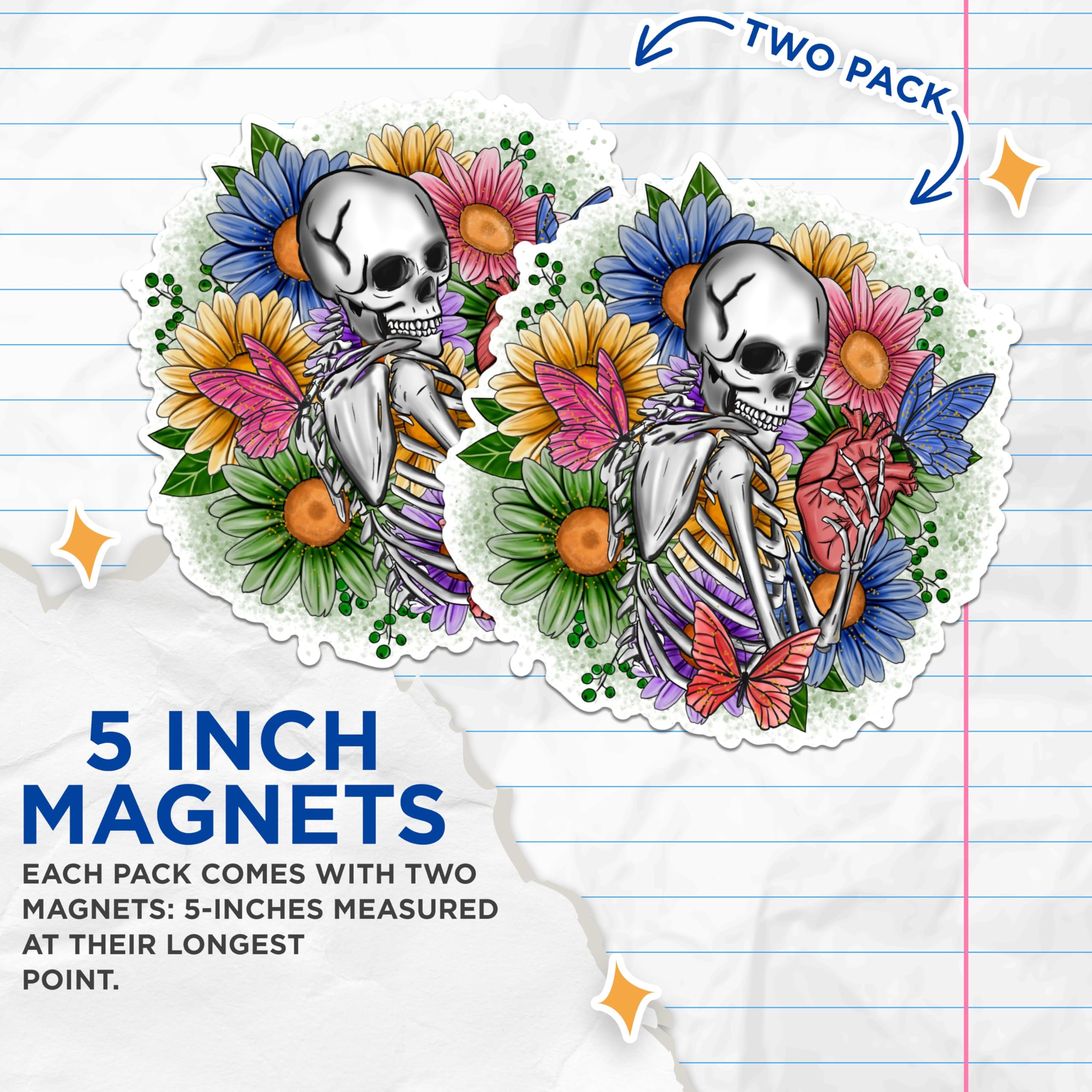 (2 Pack) Skull with Flowers Magnets - Skeleton and Floral Magnets - Unique Art Magnets for Home or Office- 5" On Longest Side - for Fridges, Toolboxes, Cars - Made in USA - MAG3049