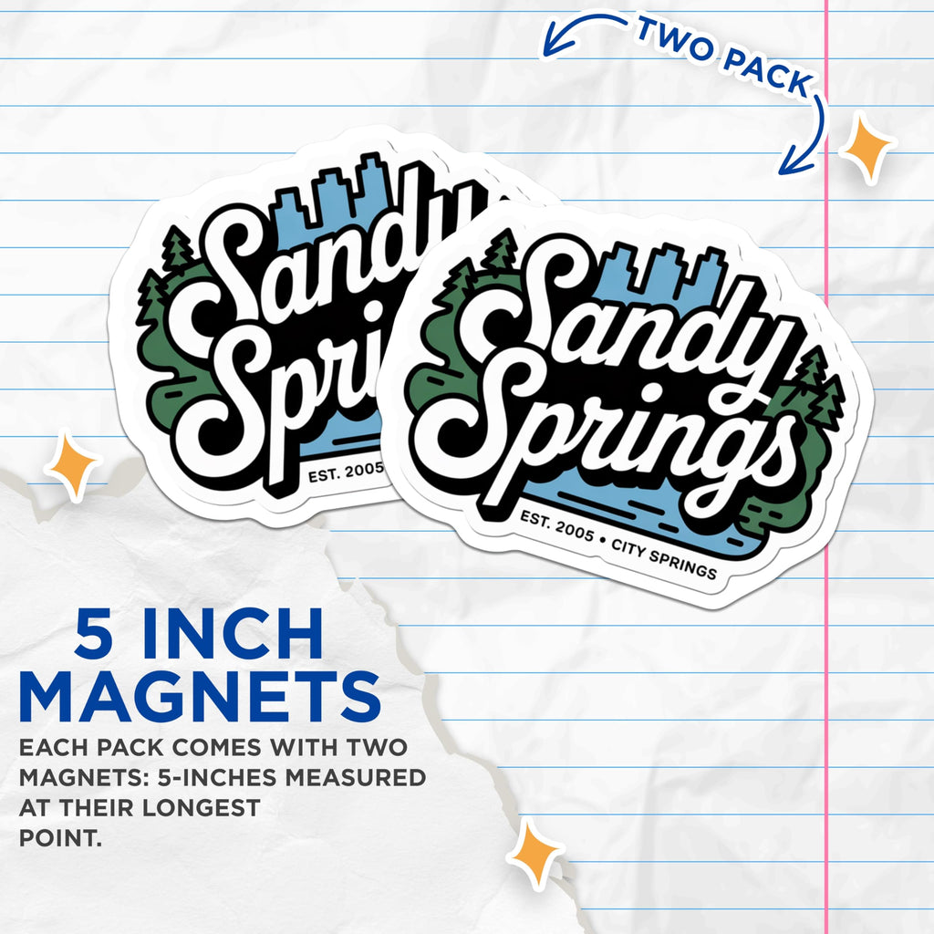 (2 Pack) Sandy Springs Magnets - Georgia Souvenir - Cityscape Home Decor - 5" On Longest Side - Premium Magnet - for Cars, Refrigerators, Toolboxes, Lockers - Made in USA - MAG18551