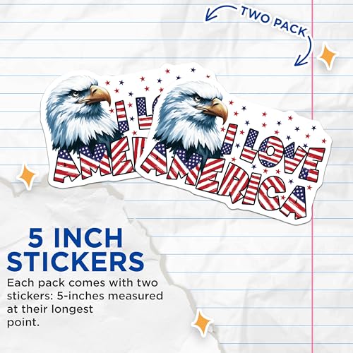 (2 Pack) I Love America Stickers - Patriotic Eagle - USA Flag Design - 5" On Longest Side - Sticks to Smooth Flat Surfaces - Made in USA - BMCS7406