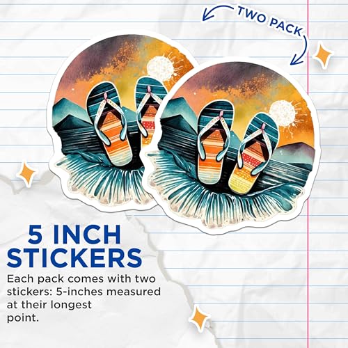 (2 Pack) Summer Beach Vibes Stickers - Flip Flop Sandals - Vacation Sunset Scene - 5" On Longest Side - Sticks to Smooth Flat Surfaces - Made in USA - BMCS9311