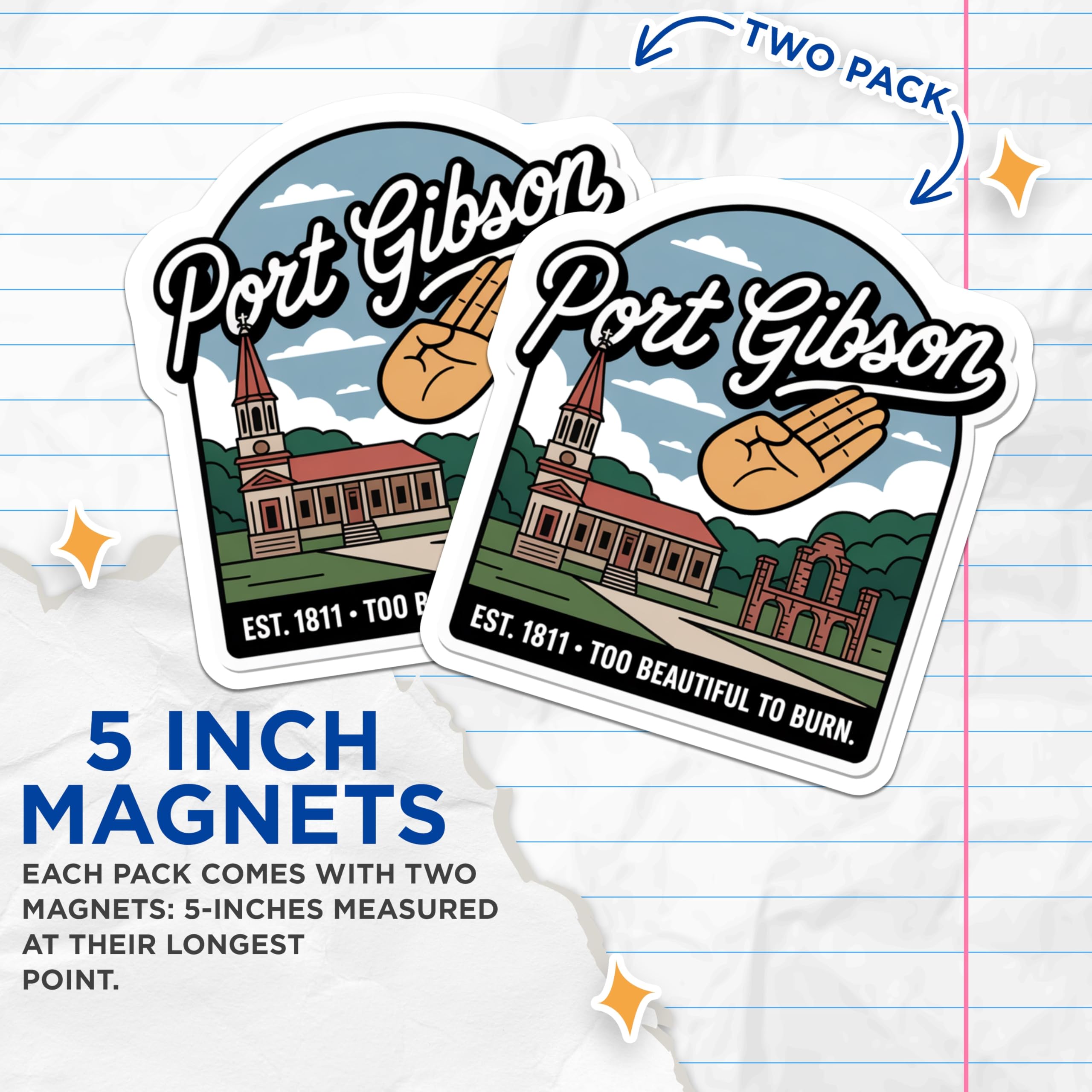 (2 Pack) Port Gibson Magnets - Mississippi Travel Souvenir - Historic Town Fridge Decor - 5" On Longest Side - Premium Magnet - for Cars, Refrigerators, Toolboxes, Lockers - Made in USA - MAG18906