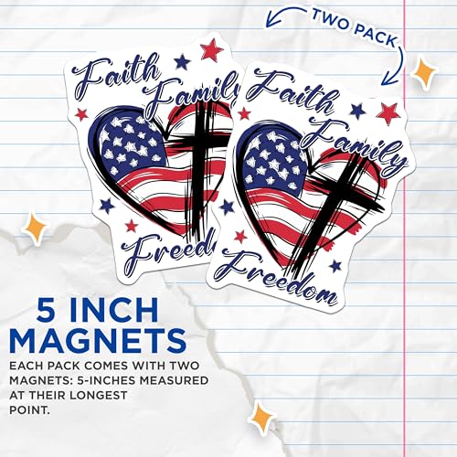 (2 Pack) Faith Family Freedom Magnets Magnets - American Flag Heart - Christian Patriotic Cross Magnet - 5" On Longest Side - Made in USA - Sticks to Refrigerators & Metal Surfaces - MAG8372