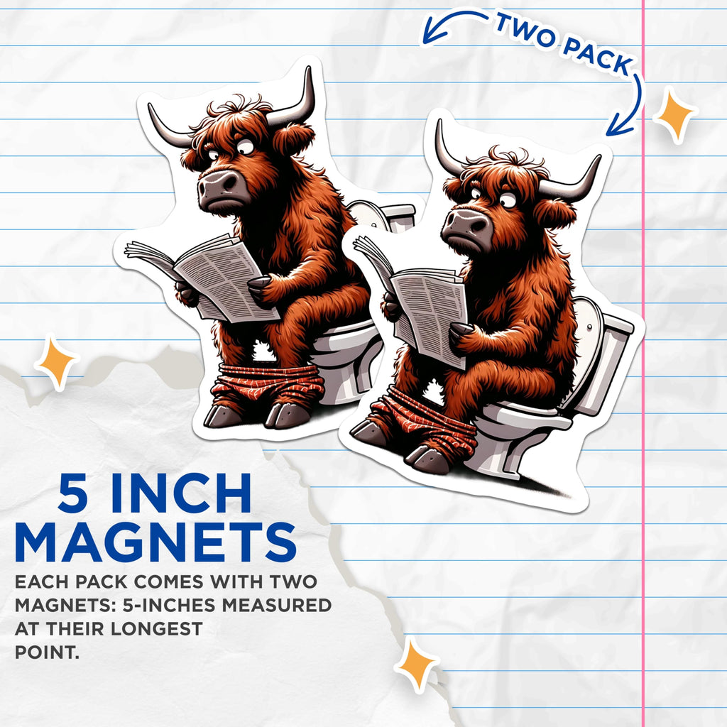 (2 Pack) Highland Cow Magnets - Funny Animal Magnets - Reading Newspaper - Bathroom Decor - 5" On Longest Side - Premium Magnet - for Cars, Refrigerators, Toolboxes, Lockers - Made in USA - MAG15209