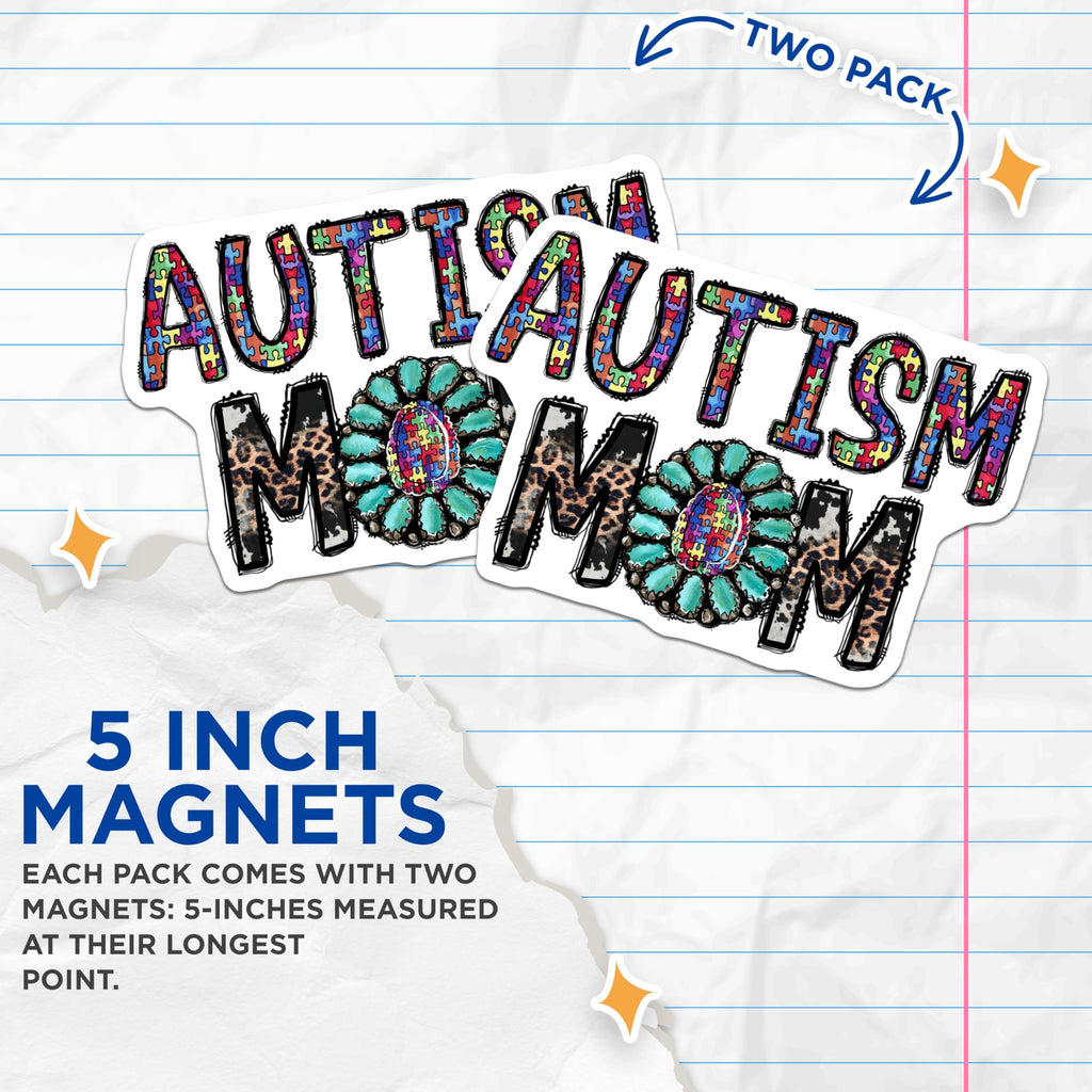 (2 Pack) Autism Mom Magnets - Puzzle Piece Awareness - Western Boho Mama Support - 5 Inches On Longest Side - Thick Durable Magnet - Made in USA - MAG30369