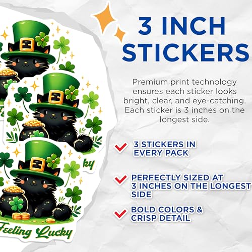 (3 Pack) St Patricks Day Decals - Lucky Cat Sticker - Irish Stickers - 3 Inches On Longest Side - Easy Peel & Apply - Made in USA - 3MCS6870